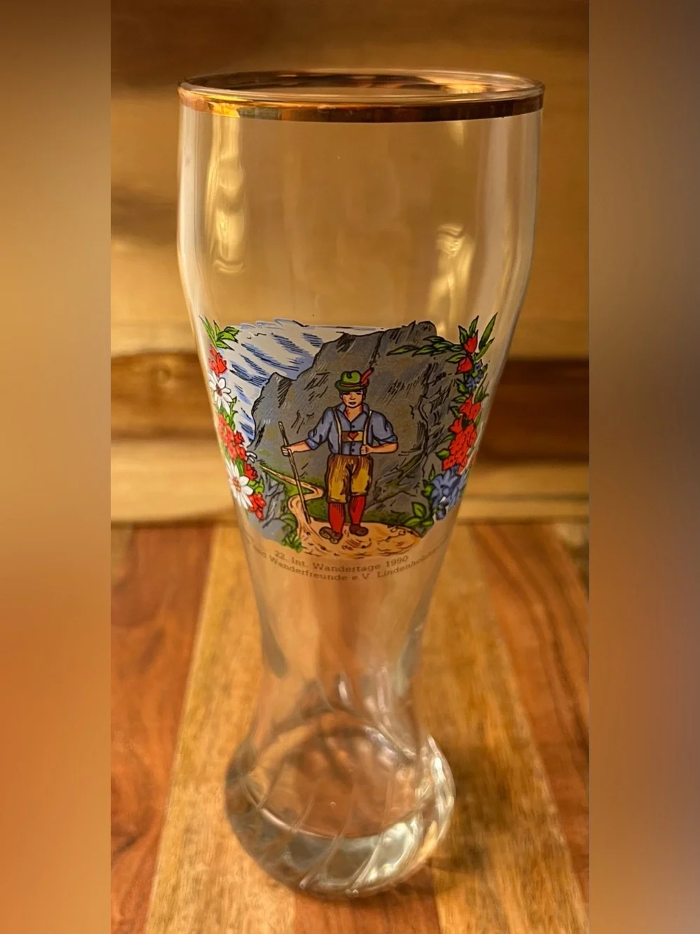 Vintage 1990 German Souvenir Wheat Beer Glass Gold Rim